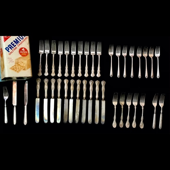 Various Other - Antique silverware. In Antique Saltine Cracker Tin